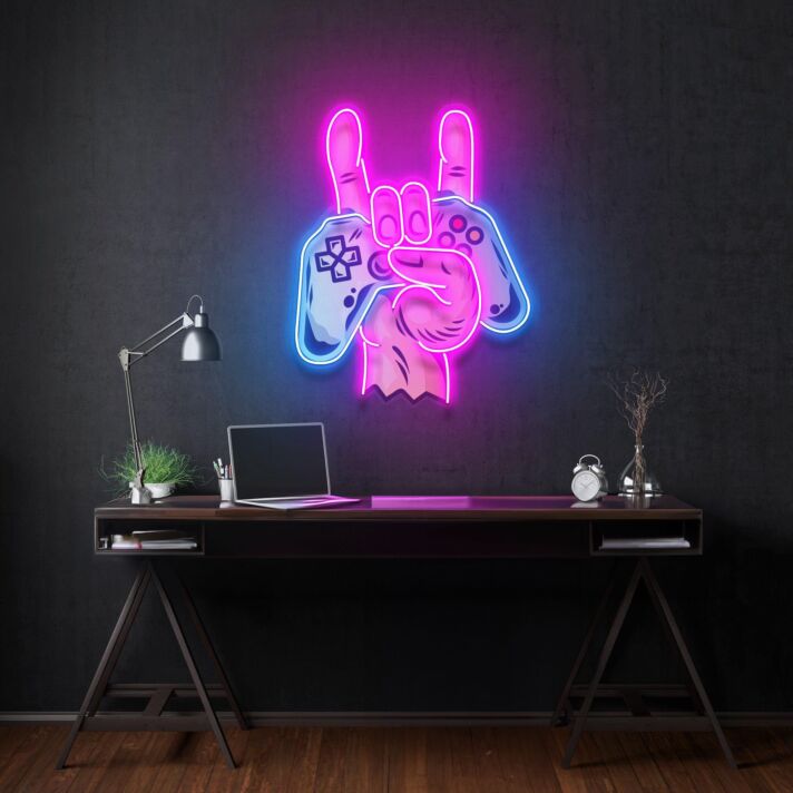 Hand mit Gamecontroller Rockgeste LED-Neonschild Gaming Zimmer Wohnzimmer