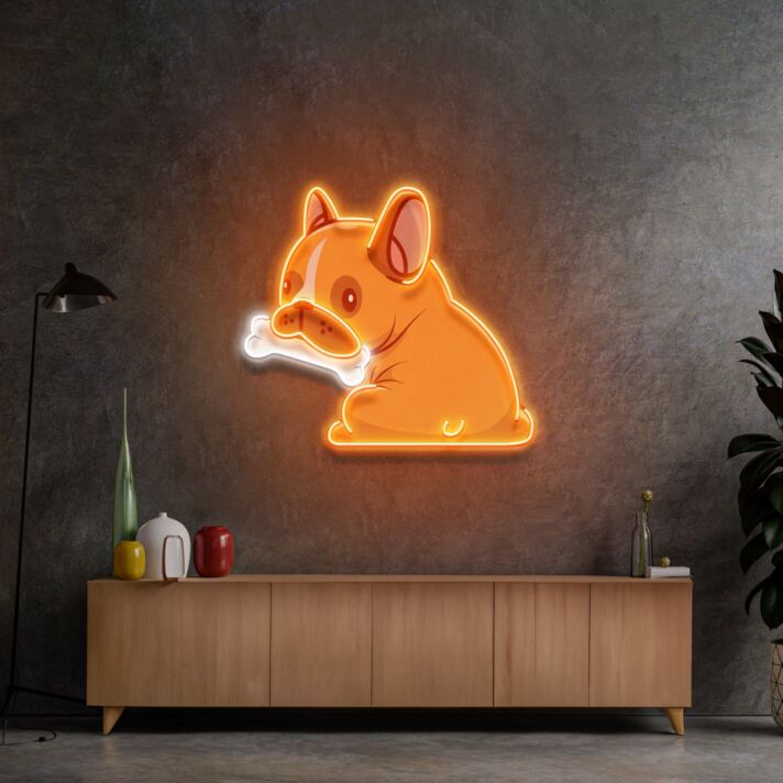 Französische Bulldogge mit Knochen LED-Neonschild Wohnzimmer