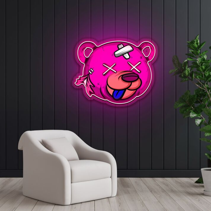 Comic Bärenkopf mit Pflaster und Zunge LED-Neonschild Gamingzimmer Jugendzimmer