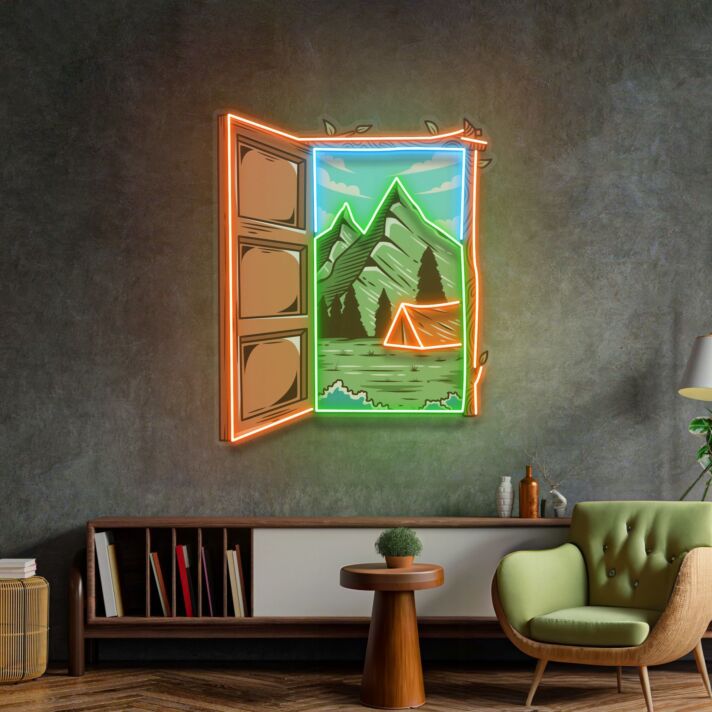 Berglandschaft mit Zelt und offenem Fenster LED-Neonschild Wohnzimmer Campingplatz