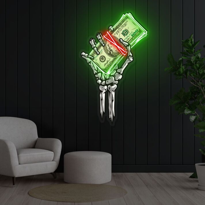 Skelett-Hand mit Geldscheinen LED-Neonschild Wohnzimmer Bar