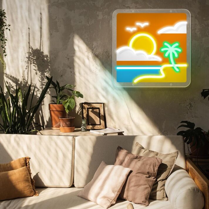 Strand mit Sonnenuntergang und Palme LED-Neonschild Wohnzimmer Home Deko