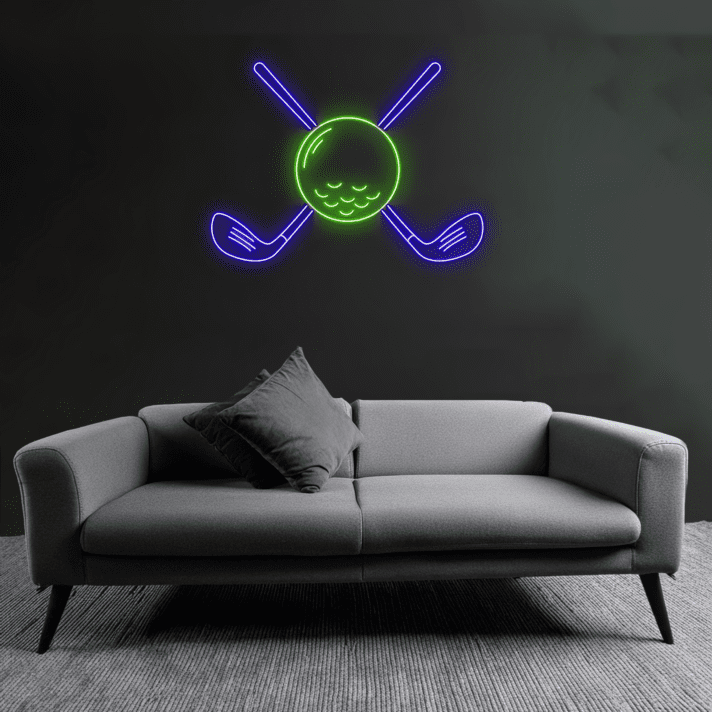 Dekoratives LED Neonschild mit Golfball und gekreuzten Golfschlägern als stilvolle Wandbeleuchtung für Sportzimmer Lounge Clubhaus oder Wohnräume