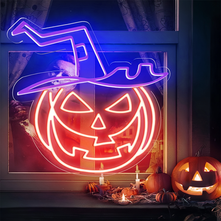 LED Neonschild mit lachendem Halloween Kürbis und Hexenhut Motiv als stimmungsvolle Wanddekoration für Herbst und Halloween Party