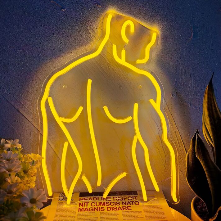 Modernes LED Neonschild mit abstraktem männlichem Oberkörper als stilvolle Wanddekoration