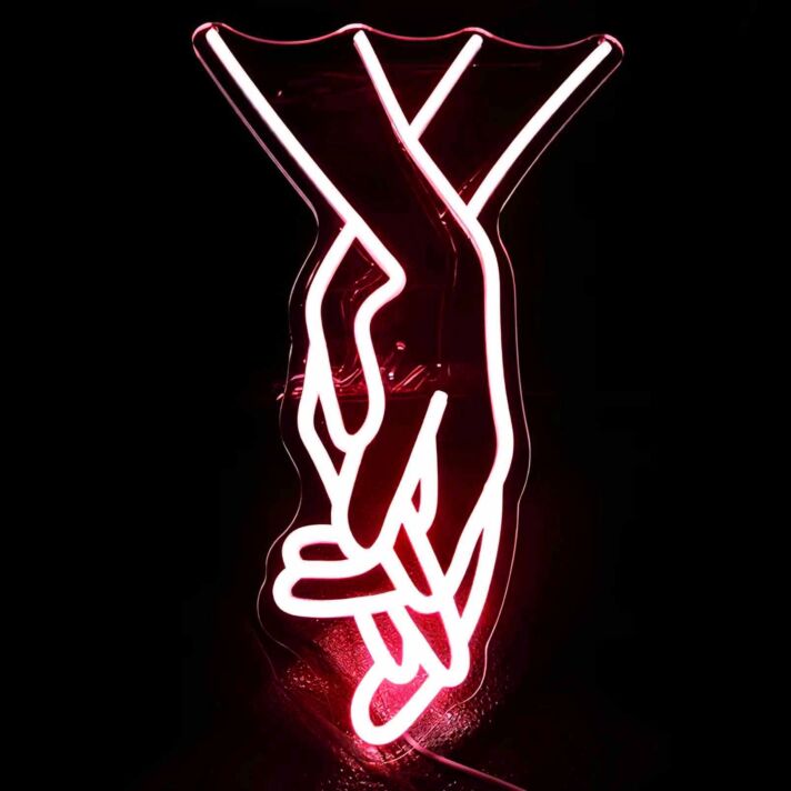 Abstraktes LED Neonschild mit stilisierter menschlicher Figur in grafischer Linienkunst als moderne Wanddekoration für zeitgenössische Innenräume