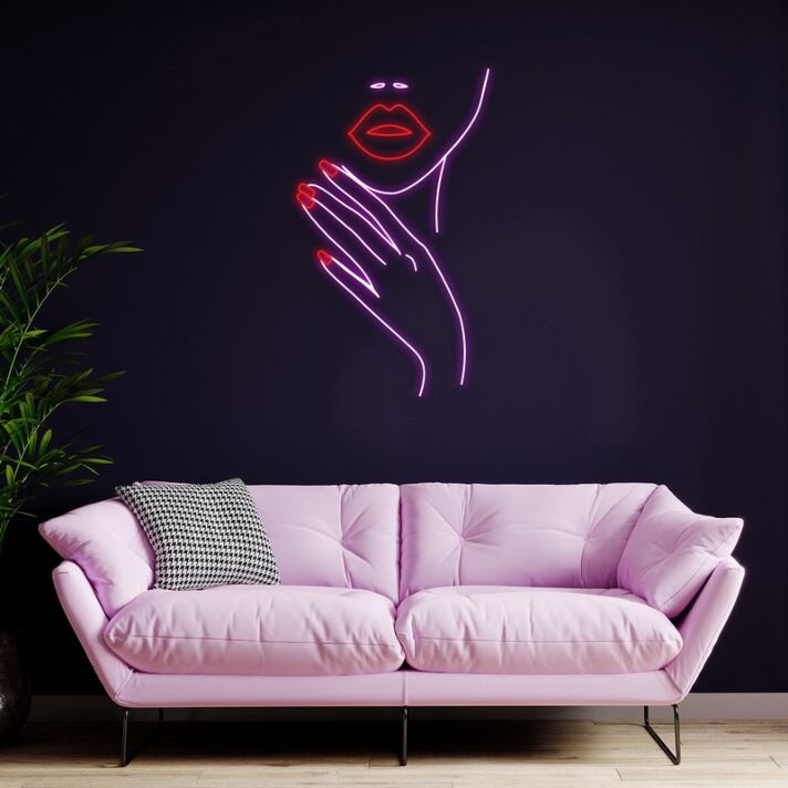 Abstraktes Gesicht mit Hand und Lippen LED-Neonschild Wohnzimmer Studio
