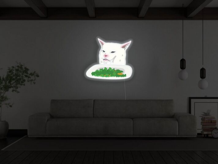 weiße Katze mit Salatteller LED-Neonschild Wohnzimmer Cafe