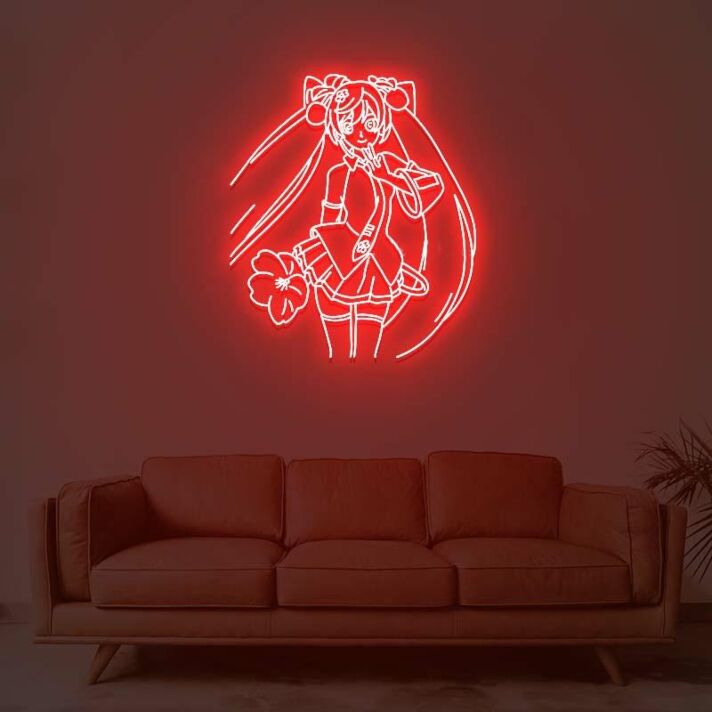Anime Mädchen mit langen Zöpfen und Blume LED-Neonschild Wohnzimmer Gamingzimmer