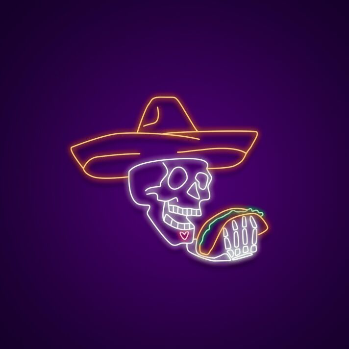 Totenkopf mit Sombrero und Taco LED-Neonschild für Restaurant Bar