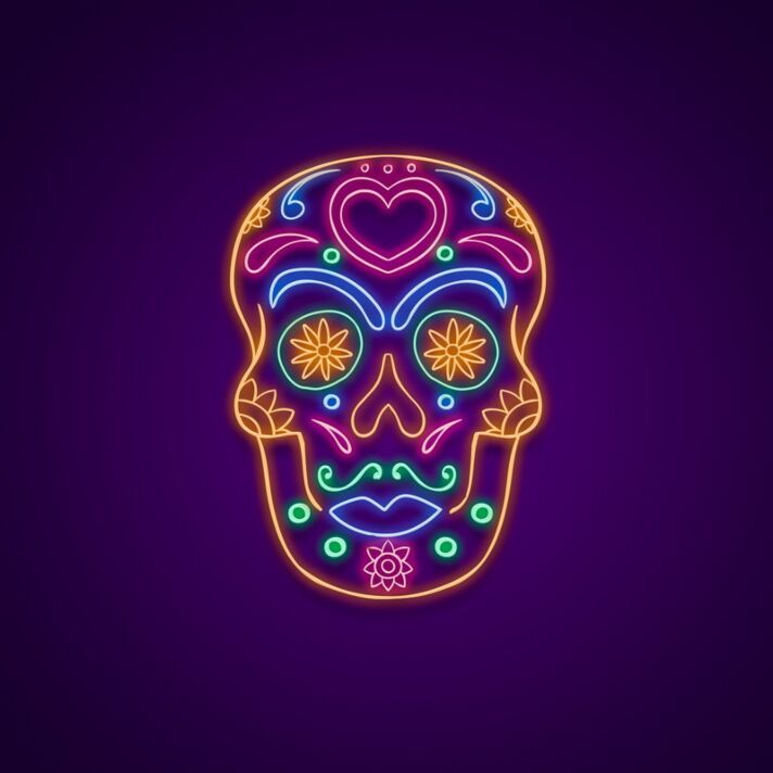 Bunter Totenkopf LED Neonschild im Sugar Skull Stil für Wanddekoration