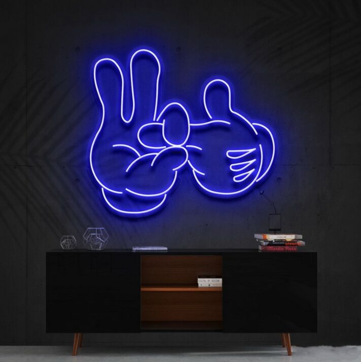 Cartoon-Hand mit Victory- und Okay-Geste LED-Neonschild Wohnzimmer Gamingzimmer