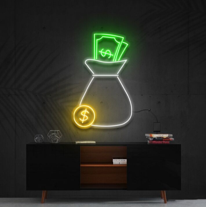 Geldsack mit Münze und Geldscheinen LED-Neonschild für Büro Arbeitszimmer