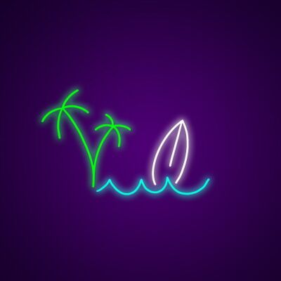 Palmen und Surfbrett am Meer LED-Neonschild Wohnzimmer Bar