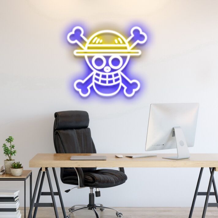 Totenkopf mit Strohhut und gekreuzten Knochen LED-Neonschild Gamingzimmer Büro