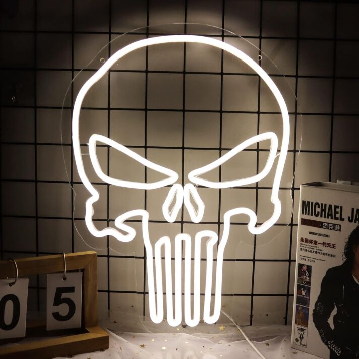 Totenkopf mit stilisierten Augenhöhlen LED-Neonschild für Bar und Gaming