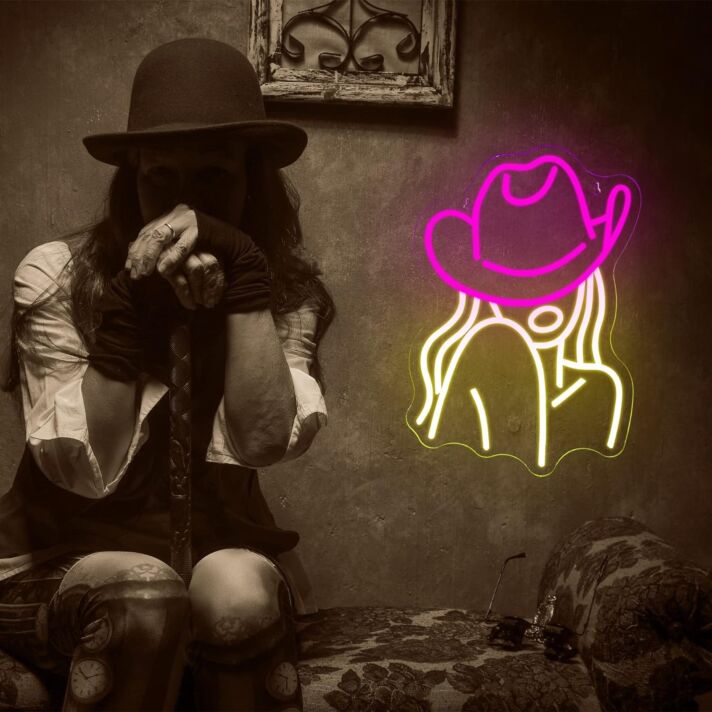 Frau mit Cowboyhut LED-Neonschild für Bar und Wohnzimmer