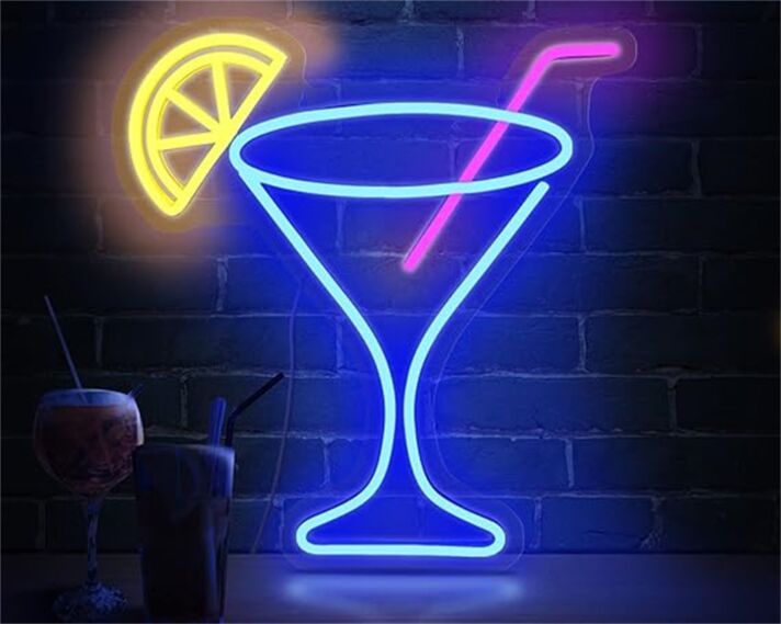 Cocktailglas mit Zitronenscheibe und Trinkhalm LED-Neonschild für Bar Club