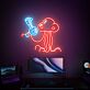 Futuristisches LED Neonschild mit Qualle und Teleskop Motiv im minimalistischen Space Design