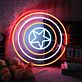 Abstraktes LED Neonschild mit Sternmotiv und geometrischen Kreisen als moderne Wanddekoration