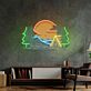 Campingplatz mit Sonnenuntergang und Tannen LED-Neonschild für Wohnzimmer oder Campingplatz