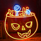 LED Neonschild mit gruseligem Halloween Kürbis und Süßigkeiten Motiv als stimmungsvolle Wanddekoration für Party Zuhause oder Schaufenster