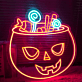 LED Neonschild mit gruseligem Halloween Kürbis und Süßigkeiten Motiv als stimmungsvolle Wanddekoration für Party Zuhause oder Schaufenster