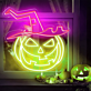 LED Neonschild mit lachendem Halloween Kürbis und Hexenhut Motiv als stimmungsvolle Wanddekoration für Herbst und Halloween Party