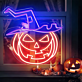 LED Neonschild mit lachendem Halloween Kürbis und Hexenhut Motiv als stimmungsvolle Wanddekoration für Herbst und Halloween Party