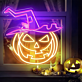LED Neonschild mit lachendem Halloween Kürbis und Hexenhut Motiv als stimmungsvolle Wanddekoration für Herbst und Halloween Party