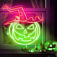 LED Neonschild mit lachendem Halloween Kürbis und Hexenhut Motiv als stimmungsvolle Wanddekoration für Herbst und Halloween Party