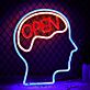 Abstraktes LED Neonschild mit Kopf Silhouette und Gehirn Motiv als moderne Wanddekoration