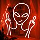 Abstraktes LED Neonschild mit futuristischer Maskenfigur und stilisierten Handgesten als modernes Kunstobjekt für kreative Wohnräume
