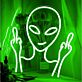 Abstraktes LED Neonschild mit futuristischer Maskenfigur und stilisierten Handgesten als modernes Kunstobjekt für kreative Wohnräume