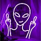Abstraktes LED Neonschild mit futuristischer Maskenfigur und stilisierten Handgesten als modernes Kunstobjekt für kreative Wohnräume