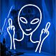 Abstraktes LED Neonschild mit futuristischer Maskenfigur und stilisierten Handgesten als modernes Kunstobjekt für kreative Wohnräume