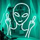 Abstraktes LED Neonschild mit futuristischer Maskenfigur und stilisierten Handgesten als modernes Kunstobjekt für kreative Wohnräume