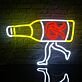 Kreatives LED Neonschild mit laufender Flasche und abstrakter Flüssigkeitsform als moderne Wandbeleuchtung für Bar Wohnzimmer oder Lounge