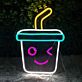 Becher mit Strohhalm und zwinkerndem Gesicht LED-Neonschild für Café Bar