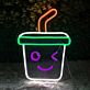 Becher mit Strohhalm und zwinkerndem Gesicht LED-Neonschild für Café Bar