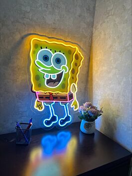 gelber Schwamm Cartoonfigur LED-Neonschild mit UV-Druck für Kinderzimmer Gamingraum