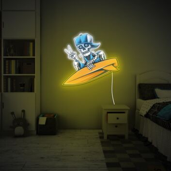 Skelett mit Surfbrett und Baseballkappe LED-Neonschild Jugendzimmer Gamingraum