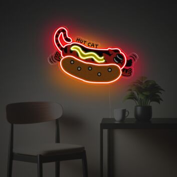 Dekoratives LED Neonschild mit Katze im Hotdog Motiv
