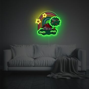 Haus mit Baum und Regenbogen LED-Neonschild mit UV-Druck Wohnzimmer Kinderzimmer