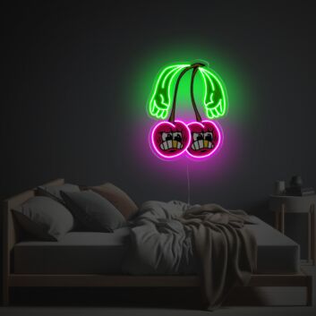 Verspieltes LED Neonschild mit Cartoon Kirschen Motiv