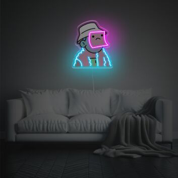 Figur mit Hut und traurigem Gesicht LED-Neonschild mit UV-Druck für Wohnzimmer Gamingzimmer