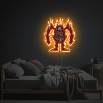 Grafisches LED-Neonschild mit UV-Druck mit Flammenfigur im Meditationsstil