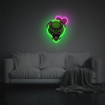 Monsterkopf mit Herzsymbol LED-Neonschild mit UV-Druck für Gamingzimmer und Bar