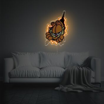 Garfield schaut durch einen Riss LED-Neonschild mit UV-Druck