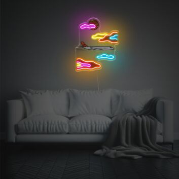Verspieltes LED Neonschild mit Flugzeug und Wolkenmotiv als auffällige Neon Wanddeko für Wohnzimmer Kinderzimmer oder kreative Innenräume